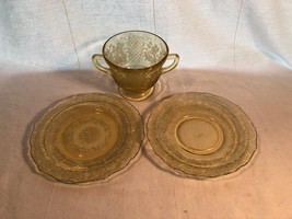3 Amber Normandie Pieces Depression Glass Sugar Bowl Saucer + 6 Inch Pla... - $19.99