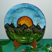 Unique Hand Made Ceramic Plate &quot;Zebras. Sunrise&quot;. One of a kind. Signed - £13.37 GBP