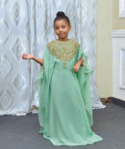 Gown Kids Dress NEW Green Georgette Kaftan Long Moroccan Party Wedding - £48.17 GBP