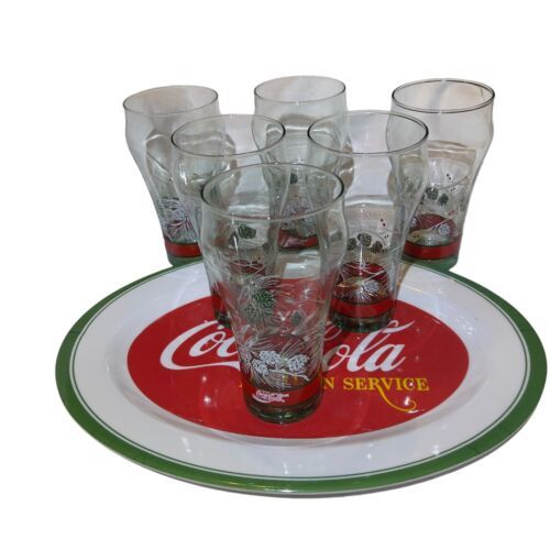 VTG 1990’s Coca Cola Christmas Holiday Pine Tree Cone 6 Glasses & Serve Tray Set - $28.31