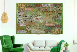 Indian Heavy Hand Embroidered Wall Hanging Vintage Zari Patchwork Beads Tapestry - £59.49 GBP