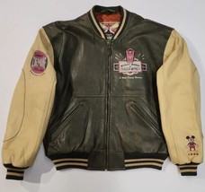 Vtg 90&#39;s Disney Store Brown Trader Mickey Leather Letterman Jacket - Size Medium - £208.35 GBP