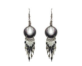 Full Moon w/Hole Round Thread Long Beaded Dangle Earrings (White/Sparkle/Black) - £11.73 GBP