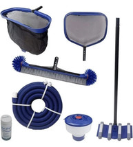 Pool Cleaning Kit 8Pc Wall Brush Leaf Rake Leaf Skimmer Vacuum Head Test Strips - £92.90 GBP