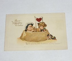 vintage Valentine&#39;s Day Post Card Sailor Boy &amp; Girl In Sand with puppy &amp; flag - $12.99