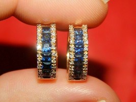 14k Yellow Gold Plated 2.60Ct Princess Cut Simulated Blue Sapphire Hoop Earrings - £57.05 GBP