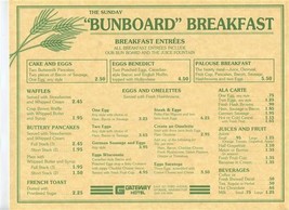 Gateway Hotel The Sunday Bunboard Breakfast Menu 3rd Avenue Spokane Wash... - £12.66 GBP