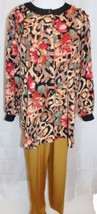 Maggie Sweet Tunic Pants Suit 2 Piece Outfit Floral Print Shirt Gold size Small - £17.91 GBP