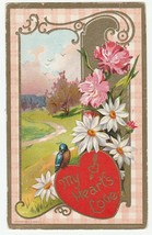 Vintage Postcard Valentine Bluebird Daisies Pink Flowers Country Lane 1910 - £5.34 GBP