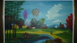 Vintage Signed Oil Painting, Mother  Child and River Bridge, Village 42.5 x 60cm - £55.02 GBP