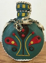 Vtg Handmade Leather Braided Beaded Covered Glass Flask Canteen Red Green Black - £31.45 GBP
