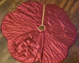 Christmas Tree Skirt Red Gold Metallic Shiny Beaded Scallop Edge 48&quot; Ele... - £28.88 GBP