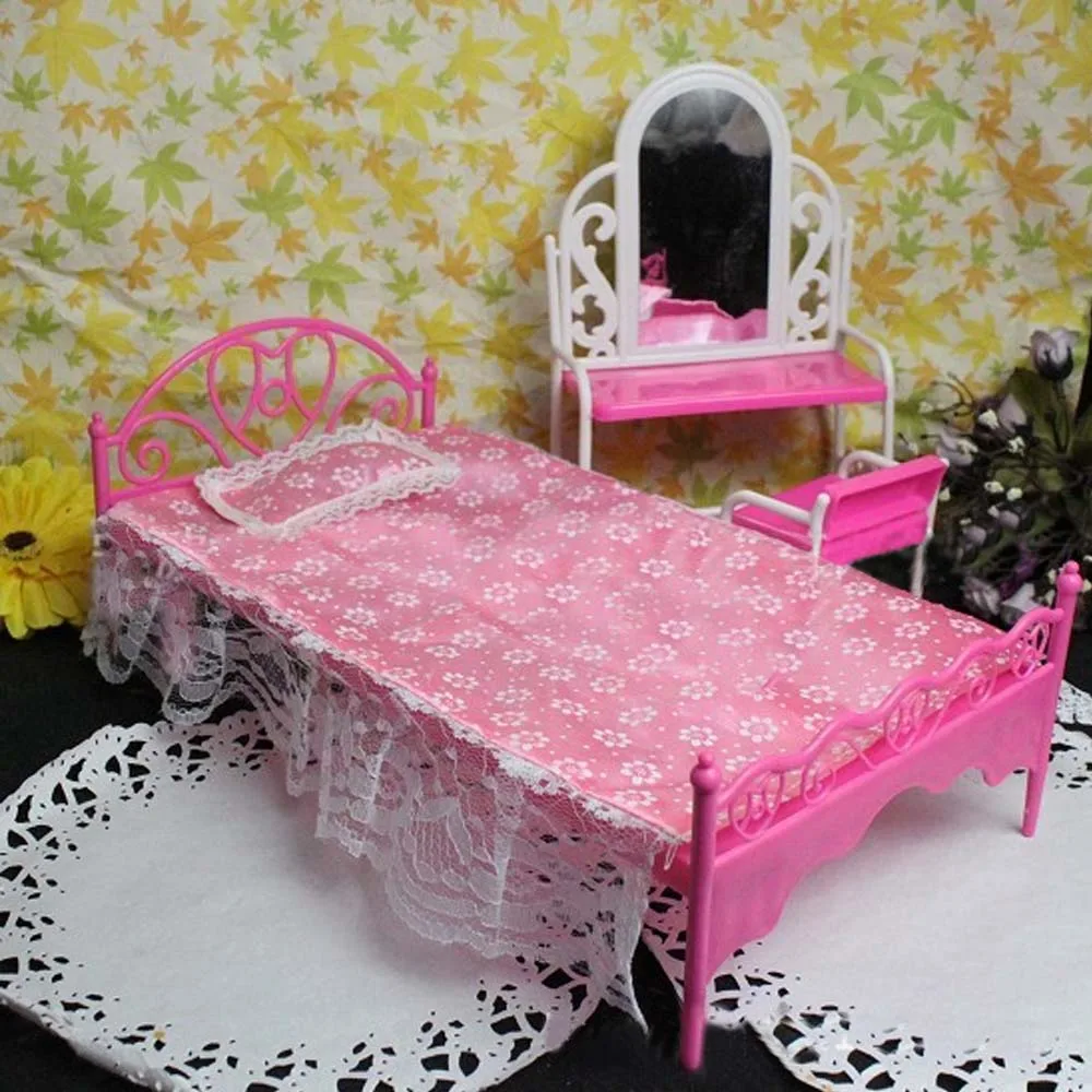 Kids Mini Fun Pink Doll Single Bed Lace Sheet Pillow Bedroom Furniture Furniture - £11.04 GBP