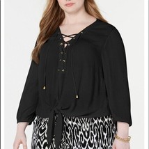 INC Womens Plus 1X Deep Black Long Sleeve Lace Up Tie Front Top NWT AK22 - $39.19