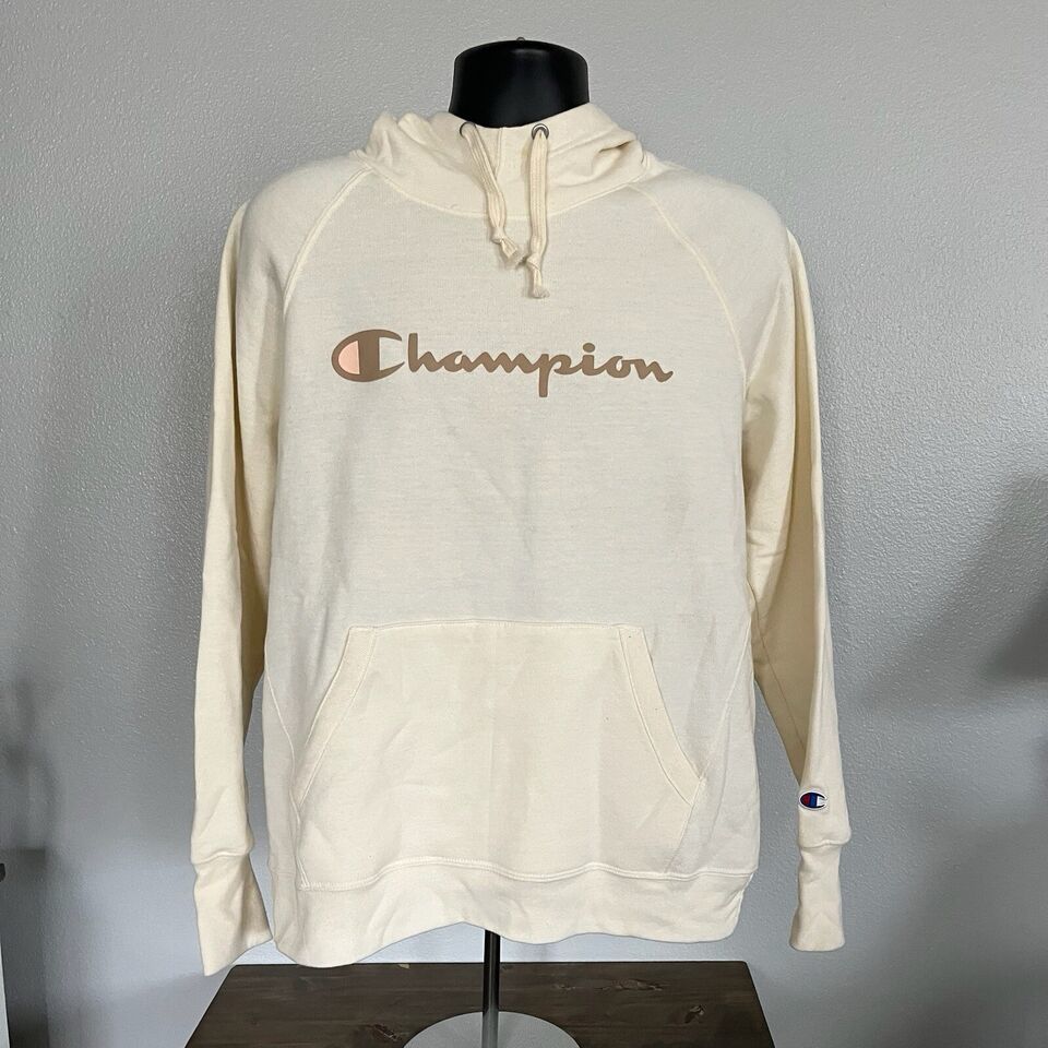 Champion Hoodie Womens Large Off White Cream Pink Pullover Sweater Light... - $19.79