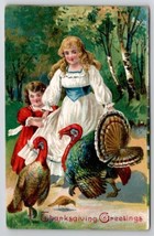 Thanksgiving Greetings Victorian Children With Turkey Postcard V22 - £3.88 GBP