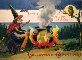 Halloween Postcard Beware Of Satan Witch Black Cat Owl Bats Fantasy Banks Wilson - £99.02 GBP