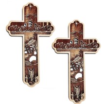 Engraved Jesus Story Wooden Cross Christian Statues Wall Hanging(Wood ) Set of 2 - £29.73 GBP