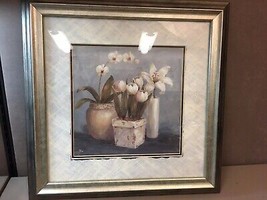 Framed Lithograph Still Life Orchid Tulips Lily by Viv Bowles Silver Wood frame - £25.18 GBP