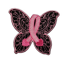 Awareness Ribbon Breast Cancer Butterfly 3 Embroidered Iron On Patch 3.8&quot; x 3.35 - £8.66 GBP