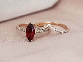 1.75Ct Marquise Cut Red Garnet &amp; Diamond Exclusive Ring 14K Rose Gold Finish - £71.74 GBP