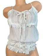 POL Womens White Gauze Ruffled Hem Tie Neck Tank Top Lace Boho Beachy Si... - $18.80