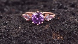 African Amethyst Gemstone Round Cut Ring With CZ Stone 14k Rose Gold Plated Gift - £67.32 GBP