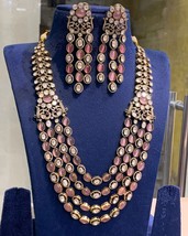 Bollywood Style Indian Gold Plated CZ Long Necklace Pink Kundan Jewelry Set - £292.74 GBP
