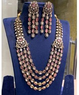 Bollywood Style Indian Gold Plated CZ Long Necklace Pink Kundan Jewelry Set - £292.74 GBP