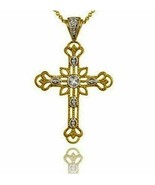 40mm White Diamond Cross Pendant Necklace Two Tone 14k Yellow Gold over ... - £50.84 GBP