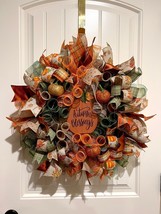 Autumn Blessings Fall Ribbon Door Wreath Wooden Pumpkin Handmade 22 inches LED - £59.43 GBP