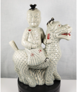 Vintage Chinese Boy Riding Green Dragon Handpainted Red Flower Pot - $79.27 CAD