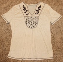 REQUIREMENTS CREAM OFF WHITE CRINCKLE BOHO TOP T-SHIRT SHORT SLEEVE EMBR... - £3.09 GBP