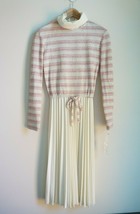 NWT Womens Vintage 1970&#39;s Pink Cream Shimmer Dress Pleated Waist Tie Swe... - £25.47 GBP