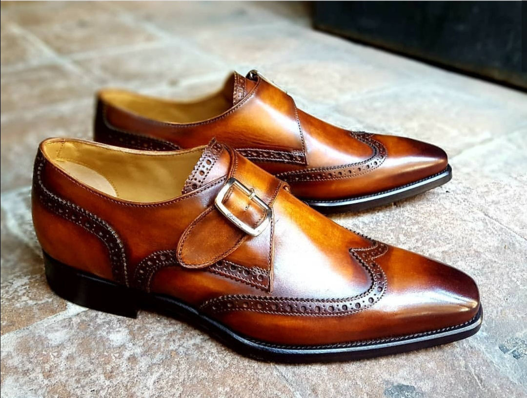 Mens Hand Stitch Two Tone Brown Black Leather Oxfords Monk Strap Wingtip Shoes