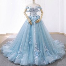Beautiful Prom Dress Blue Off Shoulder Handmade Flowers Wedding Dress Sexy Sleev - £748.04 GBP