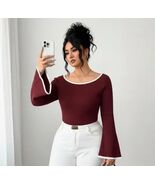 Women’s Ribbed Knit Top Bell Sleeve Scoop Neck Casual Slim Fit Blouse Wo... - $13.00