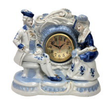 Vintage Porcelain Mantel Clock Victorian Colonial Man &amp; Woman Blue White Quartz - £16.23 GBP