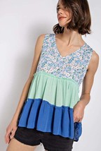 New Gigio by Umgee S M L Blue Color Block Floral Tiered Sleeveless Top - £19.14 GBP