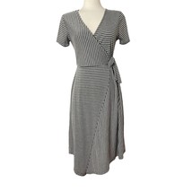 The Line of Style Faux Wrap Midi Dress Size S Gray White Stripe Surplice Office - £19.57 GBP
