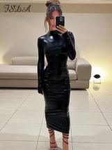 Midi Bodycon Turtleneck Long Sleeve Pu Leather Part Dresses - £36.15 GBP