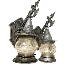 Pair Vintage Arts &amp; Crafts Gothic Witch Hat Porch Light Wall Sconce With Poleaxe - £340.07 GBP
