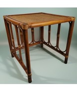 1960s Bamboo &amp; Bent Rattan Side Nesting Table 18&quot; Square Tiki Boho Palm ... - $168.29