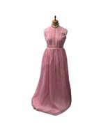 Vintage 1960s Women&#39;s Pink Maxi Dress Gingham Daisy Floral Lace Trim Siz... - $77.75