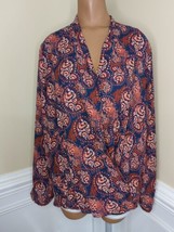 Pleione XL blue red surplice blouse top long sleeve drape front paisley floral - £16.35 GBP