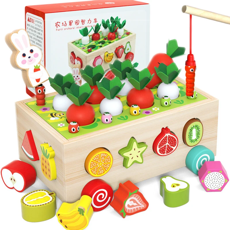 Montessori Toy Set Wooden Toys Baby Fishing Pull Along Car Shape Cognitive - £31.99 GBP