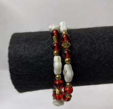 Vintage Wrap Bracelet Threaded Red White Gold Various Size And Shape Beads 14in - £3.89 GBP