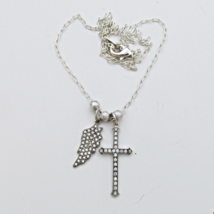 Vintage CROSS &amp; Angel Wing Sterling Silver CZ Two 2 Pendant Necklace - $18.80