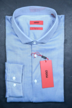 HUGO BOSS Uomo Erondo Due Strato Extra Slim Fit Cotone Blu Camicia 41 16 - £51.69 GBP