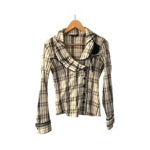 Women`s Shirt Elegant White Black Plaid Rose Long Sleeve Button Up S Small - $7.20